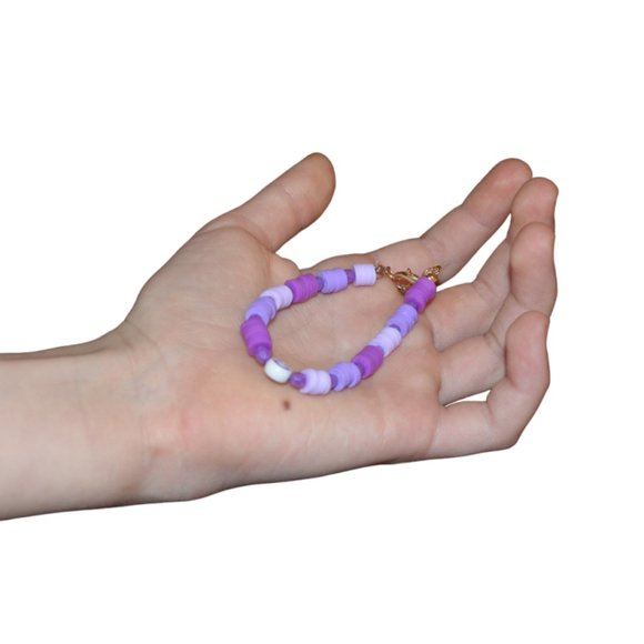 Handmade Clay Beads Elastic Kids Bracelet Purple Smile Image 2.5 length/half - Picture 3 of 5